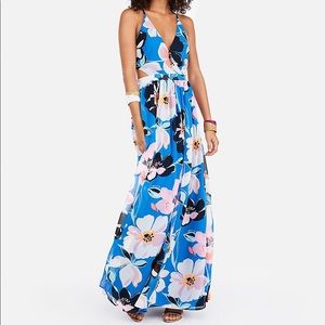 NWT Express Lace-Up Cut-Out Blue Floral Maxi Dress